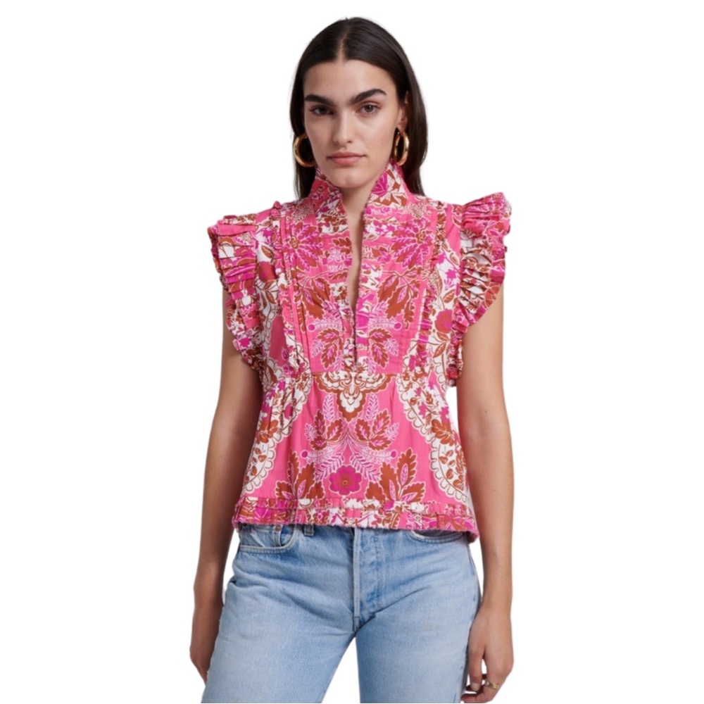 Anthropologie Love The Label Berna Floral Ruffled Top in Clementine Pink Print - Picture 2 of 8